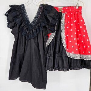 Prairie Shirt Top Skirt Set S M Black Red Apron Lace Trim Dance Western USA